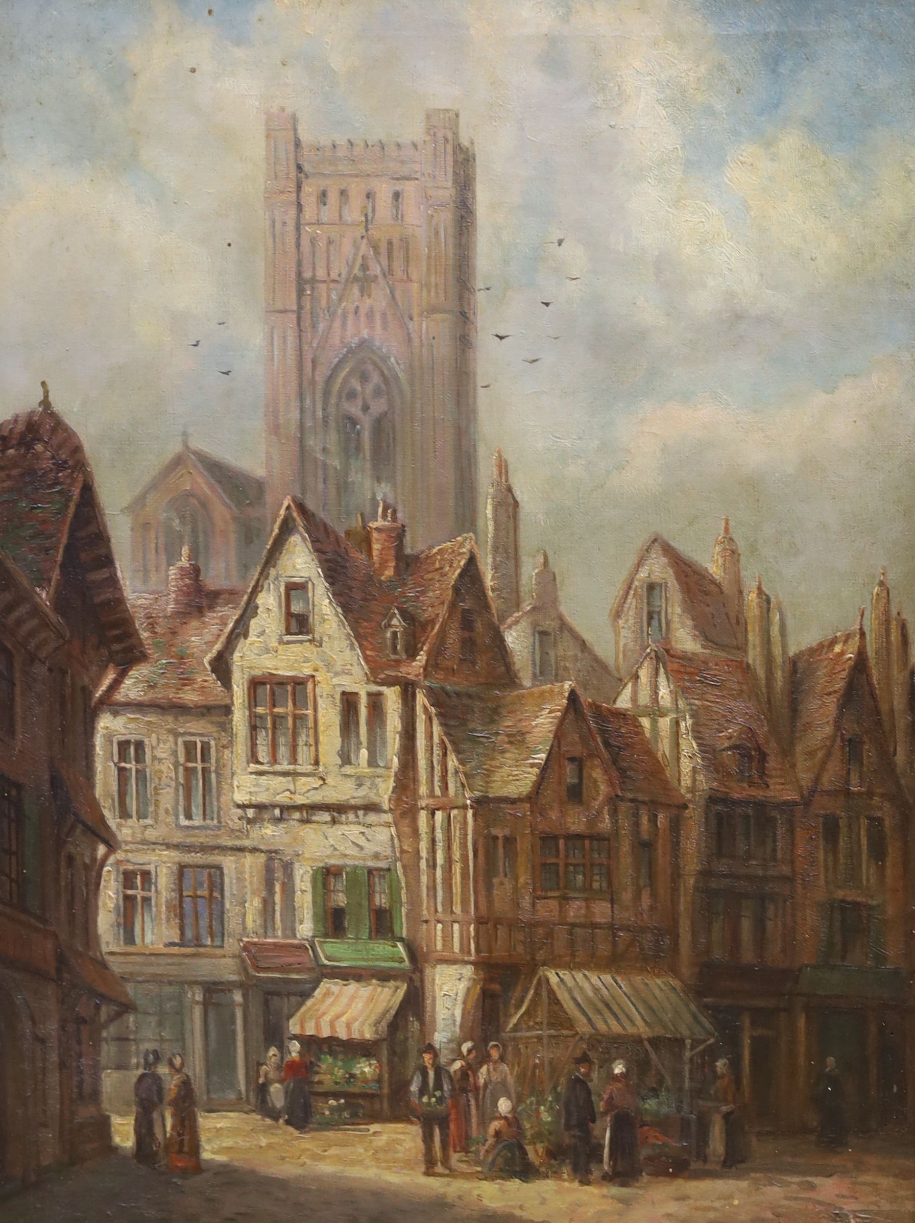 W B Chaffer, oil on canvas, Continental market town, signed, 48 x37cm